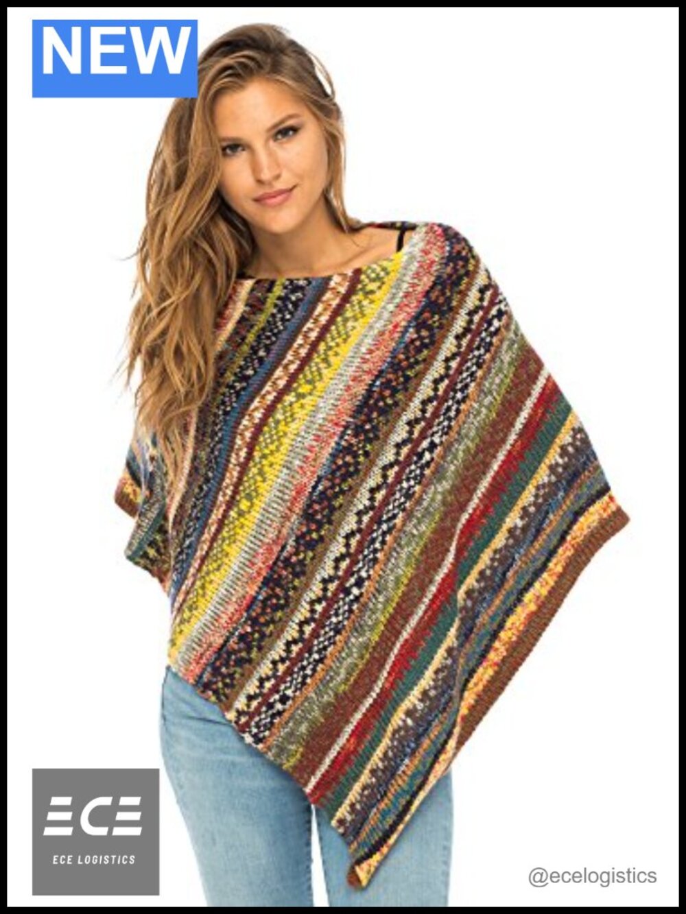 Back From Bali Womens Colorful Knit Poncho Sweater Cape Soft Striped Boho Tunic